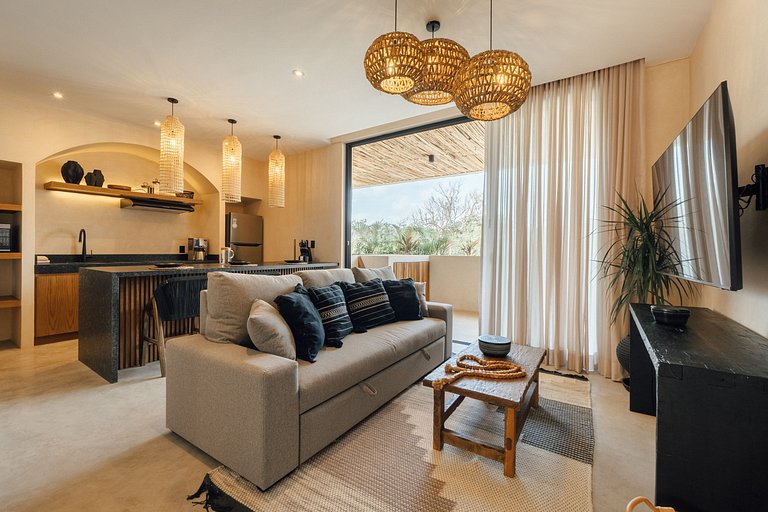 Vista, alberca privada y confort en 1 habitación